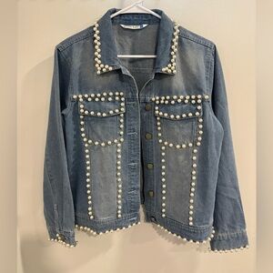 Elegant Pearl Embellished Denim Classic Jacket